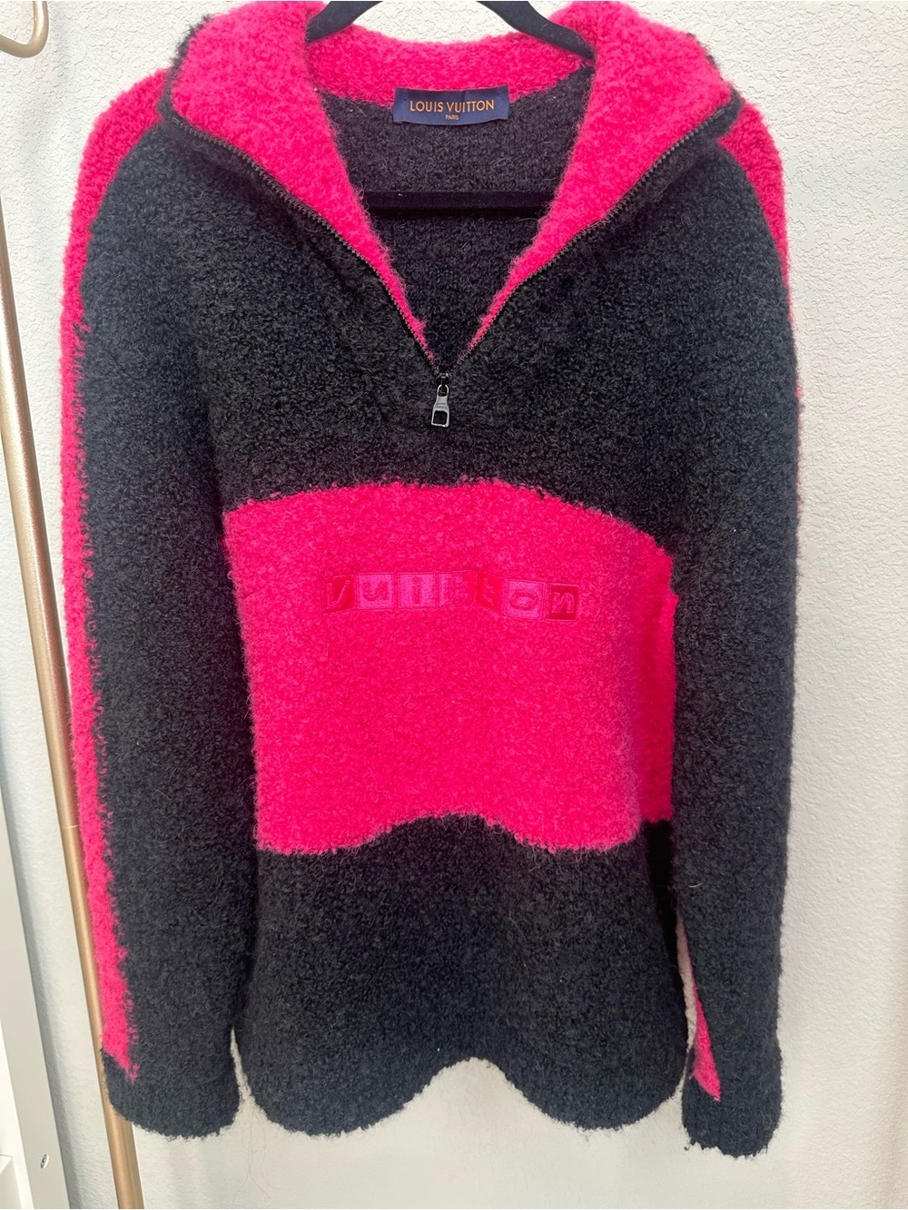 Louis Vuitton Men’s Wool Black & Hot Pink Half-Zip Sweater by Virgil Abloh